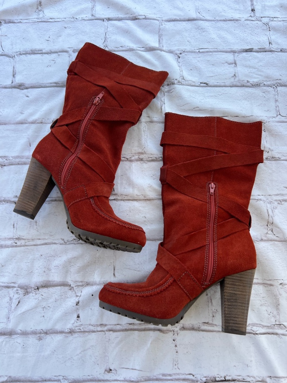 Calvin Klein Red Suede Mid-Calf Heeled Boots
